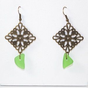 Antique Gold and Green Sea Glass Earrings